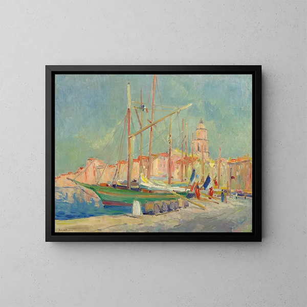 Båtar med flaggor i hamnen i Saint-Tropez - Robert Antoine Pinchon — inramlat konstverk på väggen