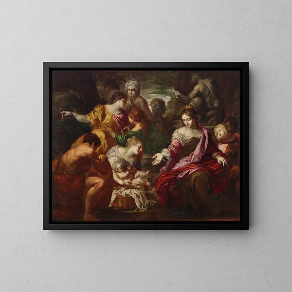 La découverte de Moïse - Ecole de Rome — inramlat konstverk på väggen