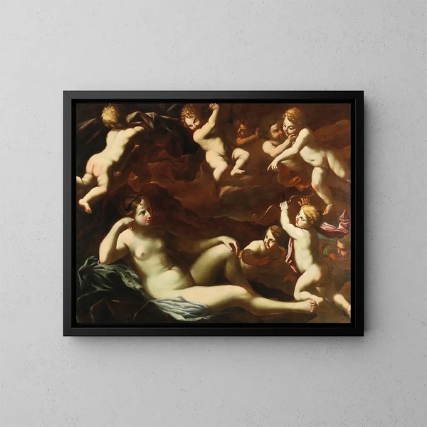 Venus och Cupidon med amoriner - Romerska skolan — inramlat konstverk på väggen