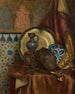 En tamburkniv, en turkisk låda, en turkisk kruka, en marockansk kakelplatta och en tallrik på ett bord täckt av satin - Rudolf Ernst — vy av konstverket