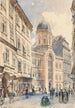 köttmarknaden i Wien med den grekisk-ortodoxa kyrkan av Den Heliga Treenigheten - Rudolf von Alt — vy av konstverket