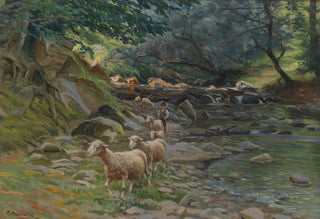 Ruggero Panerai - Schafherde und kleine Hirten am Bachufer.webp