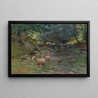 Ruggero Panerai - Schafherde und kleine Hirten am Bachufer.webp
