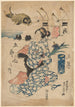 en kvinna som håller en iris, en kust, en stor fisk i bakgrunden - Sadafusa Utagawa — vy av konstverket