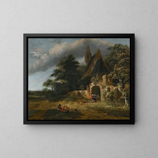 ett landskap med figurer framför väggarna av ett förfallet kyrka - Salomon Rombouts — inramlat konstverk på väggen