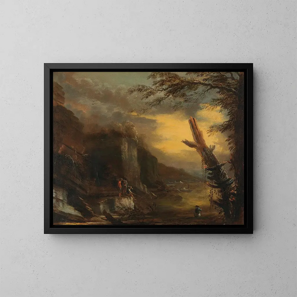 Figures som fiskar i ett kustlandskap med klippor - Salvator Rosa — inramlat konstverk på väggen