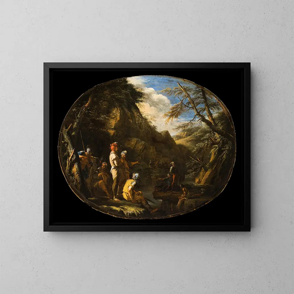 Landskap med beväpnade män - Salvator Rosa — inramlat konstverk på väggen