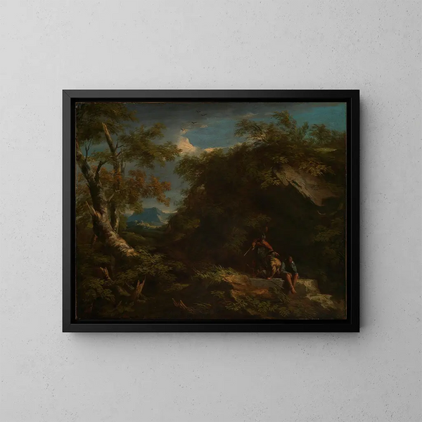 Landskapslandskap med berg och soldater som vilar - Salvator Rosa — inramlat konstverk på väggen