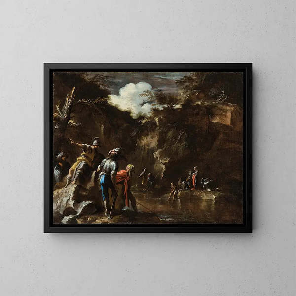 Scen ur den grekiska historien: Thales får floden att flyta på båda sidor av den lydiska armén - Salvator Rosa — inramlat konstverk på väggen
