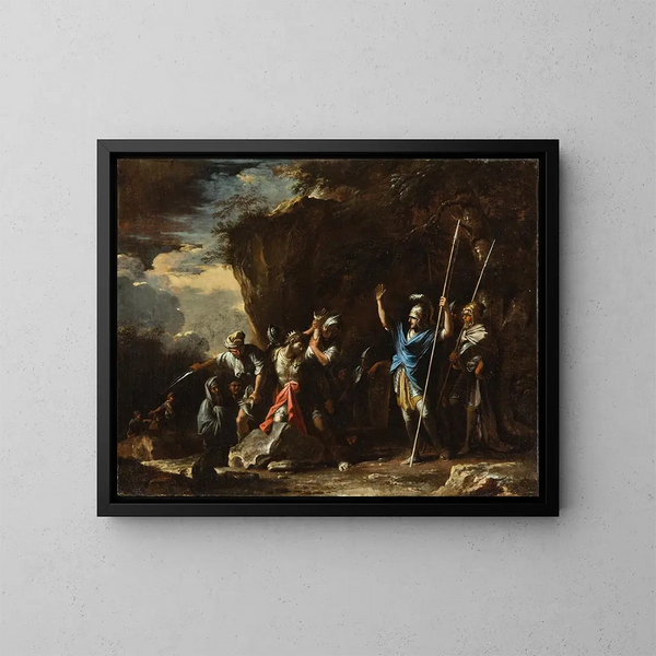 Scen ur den grekiska historien: den stumme sonen till kung Kroesus hindrar perserna från att döda sin far - Salvator Rosa — inramlat konstverk på väggen