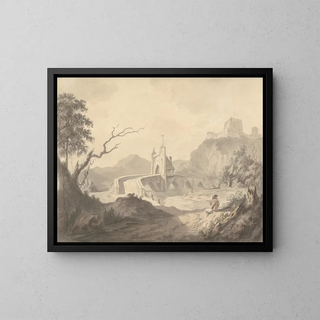 Samuel Davis - River Scene and Bridge with Artist Sketching in Foreground.webp