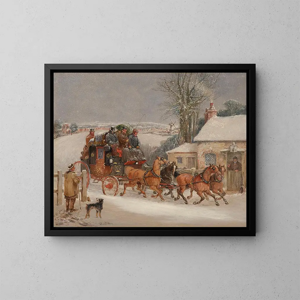 Le carrosse de la Royal Mail de Londres dans la neige - Samuel Henry Alken — inramlat konstverk på väggen