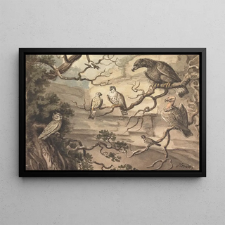 Samuel Howitt - An Owl an Eagle Two Falcons a Vulture and Other Birds Perched in Trees.webp