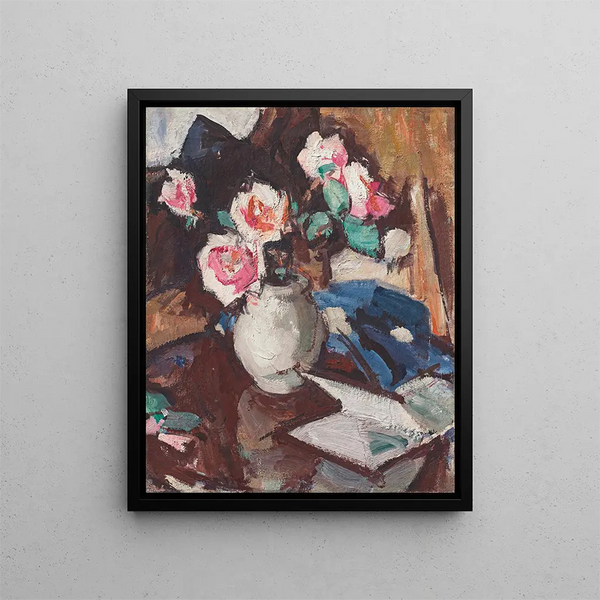 Rosa rosor i en vas — Samuel John Peploe — inramlat konstverk på väggen