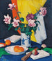 med röda och rosa rosor, orange och fan - Samuel John Peploe — vy av konstverket