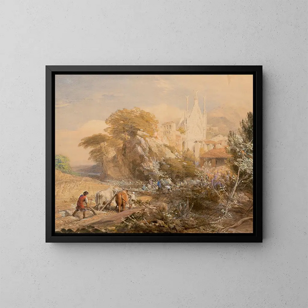 skördefält och kloster i La Vocatella nära Corpo di Cava - Samuel Palmer — inramlat konstverk på väggen
