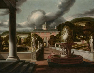 Samuel van Hoogstraten - A view from a villa with a woman seated at a fountain and an avenue of statues.webp