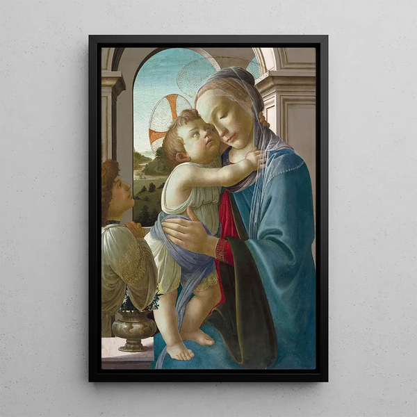 La Vierge à l'Enfant avec un ange - Sandro Botticelli — inramlat konstverk på väggen