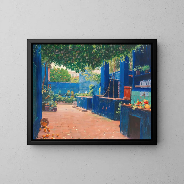La cour bleue d'Arenys - Santiago Rusiñol — inramlat konstverk på väggen