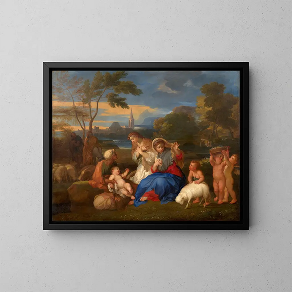 Le Repos de la Sainte Famille avec sainte Catherine - Sébastien Bourdon — inramlat konstverk på väggen
