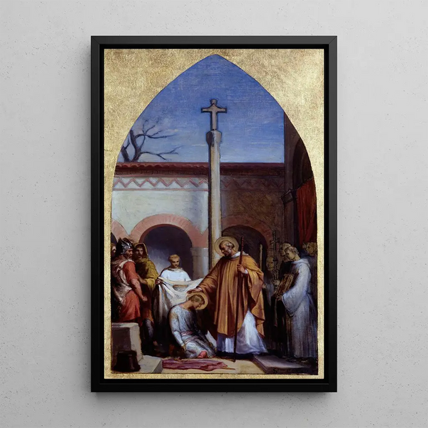 Saint Séverin le solitaire donnant l'habit monastique à saint Cloud - Sébastien Melchior Cornu — inramlat konstverk på väggen