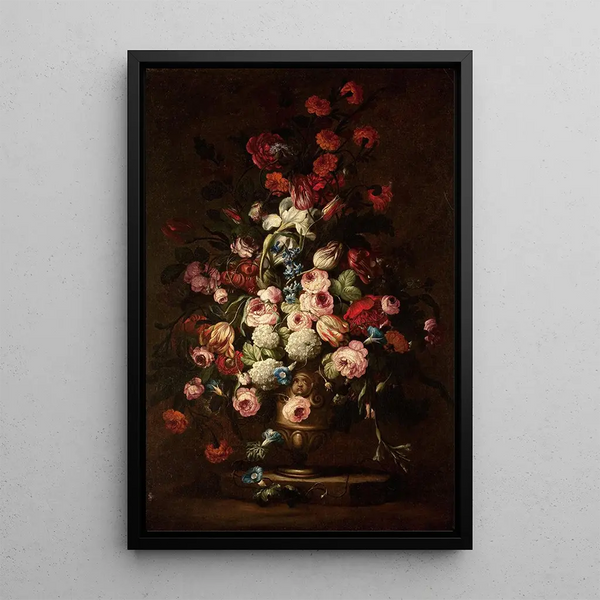 Bouquet floral elaboré dans un vase sur pied - Ecole de Bartolomeo Bimbi — inramlat konstverk på väggen