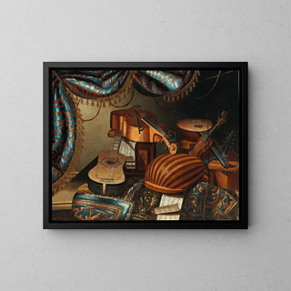 School of Bergamo - Musical instruments music scores and books on a table draped with a carpet.webp