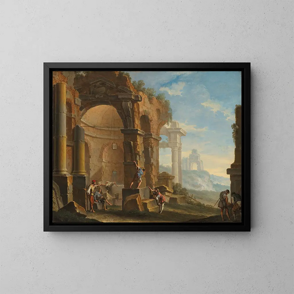 En nyckfullhet med figurer som samtalar bland klassiska ruiner - Sebastiano Ricci — inramlat konstverk på väggen