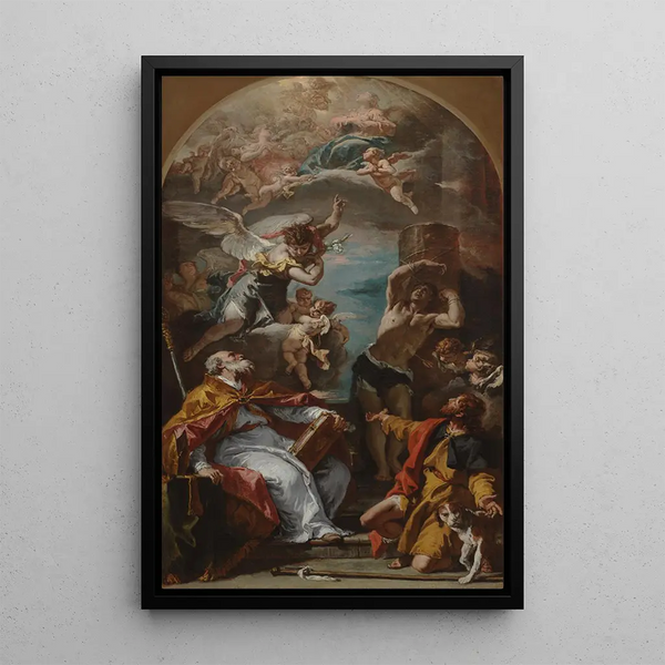 Gloire de la Vierge med ängeln Gabriel och helgonen Eusèbe, Roch och Sébastien - Sebastiano Ricci — inramlat konstverk på väggen
