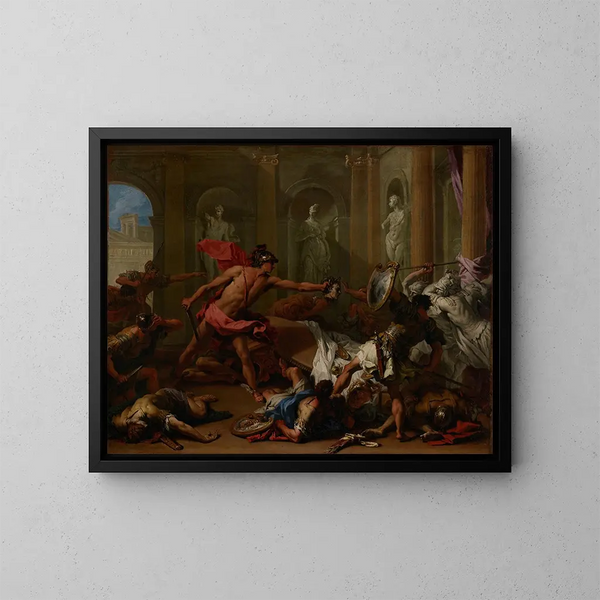 Perseus som konfronterar Phineus med Medusas huvud - Sebastiano Ricci — inramlat konstverk på väggen