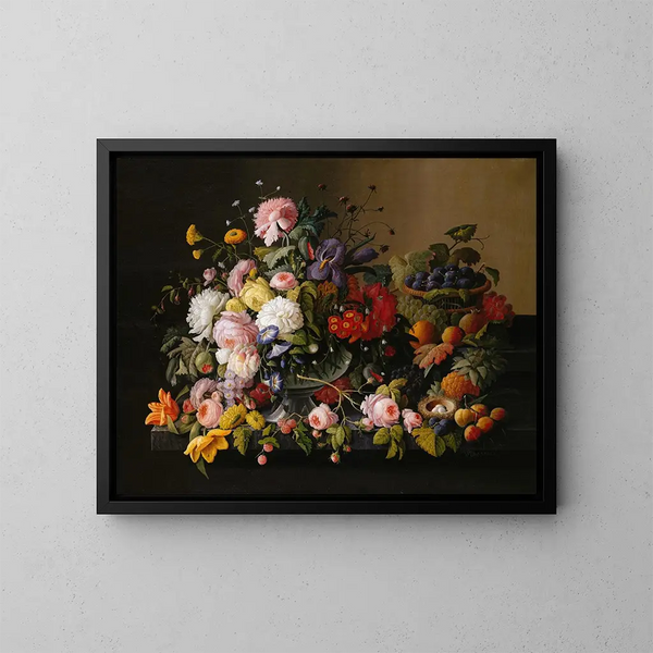 stilleben med blommor och frukter - Severin Roesen — inramlat konstverk på väggen
