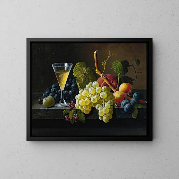stilleben med ett glas champagne - Severin Roesen — inramlat konstverk på väggen