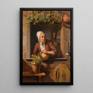 Simon Besanger - A Peasant Lady Watering A Flower Pot On A Wooden Table With A View Of The Interior Of Her Home In The Background.webp