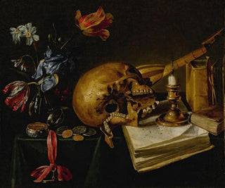 Simon Renard de SaintAndr - A still life with a skull a music book a snuffedout candle a bouquet of dying flowers and other vanitas objects on a table.webp