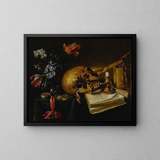 Simon Renard de SaintAndr - A still life with a skull a music book a snuffedout candle a bouquet of dying flowers and other vanitas objects on a table.webp