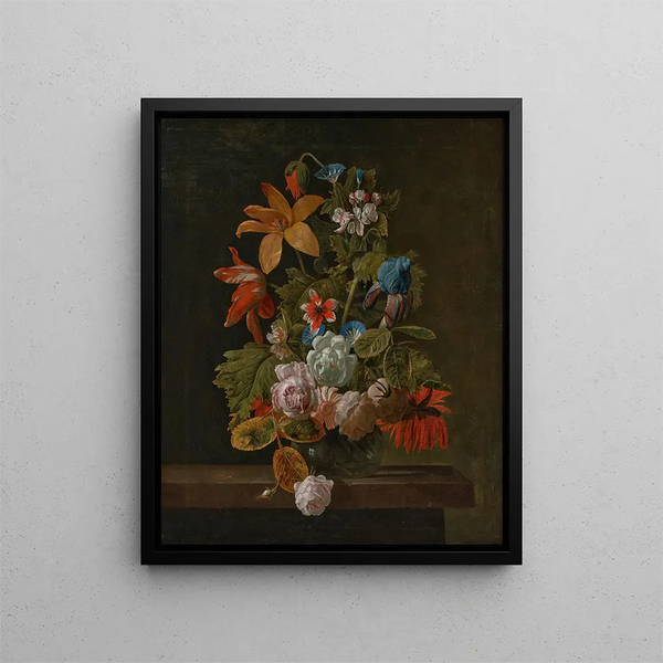 Tulpaner, rosor, iris och olika blommor i en glasvas på en stenbänk - Simon Verelst — inramlat konstverk på väggen