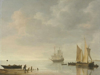 Simon de Vlieger - Coastal Scene With Ships Resting On Calm Waters.webp