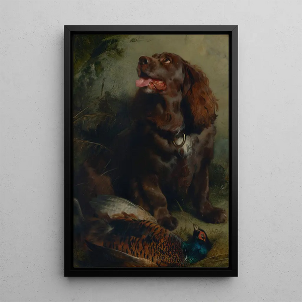 En Sussex-spaniel och en fasan - Sir Edwin Henry Landseer — inramlat konstverk på väggen