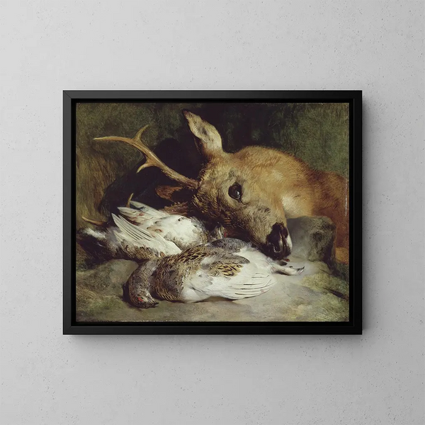 Tête de chevreuil och två lagopèdes - Sir Edwin Henry Landseer — inramlat konstverk på väggen