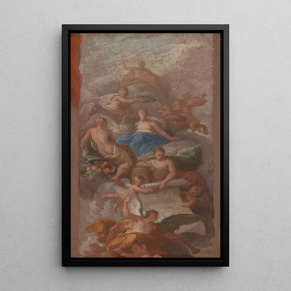 La Gratitude couronnée par la Paix avec d'autres figures allégoriques de l'Industrie, la Renommée et l'Abondance - Sir James Thornhill — inramlat konstverk på väggen