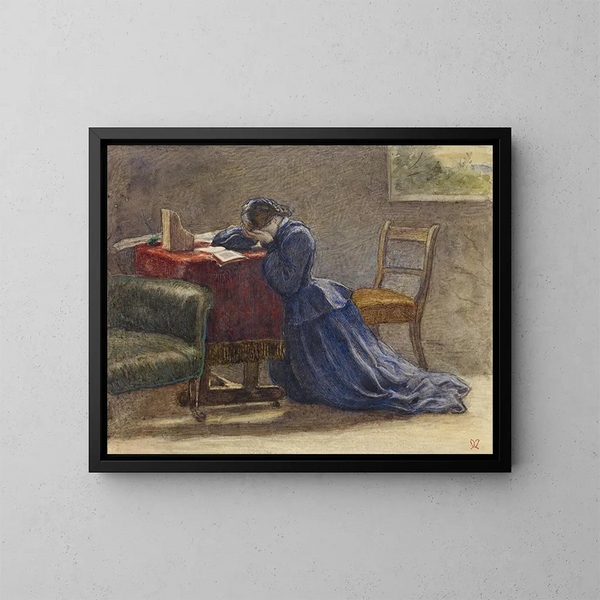 En kvinna som håller sitt ansikte i båda händerna, knäböjande på mattan - Sir John Everett Millais — inramlat konstverk på väggen