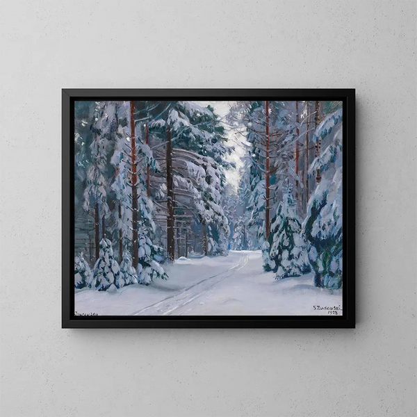snötäckt skogsväg - Stanisław Żukowski — inramlat konstverk på väggen