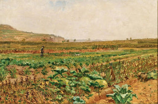 Stefan Simony - A Vegetable Field with a Hare and a Hunter in the Background.webp