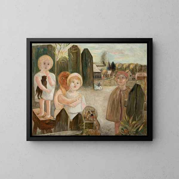 Barn i en bygård - Tadeusz Makowski — inramlat konstverk på väggen