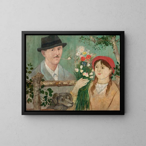 Idylle nära ett staket, självporträtt av flicka med blommor och hund - Tadeusz Makowski — inramlat konstverk på väggen