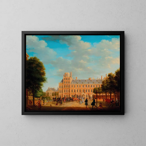 Vison av Den Haag med prins Wilhelm V och hertig Louis Ernest av Brunswick-Lunebourg som lämnar Buitenhof - Tethart Philip Christian Haag — inramlat konstverk på väggen