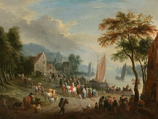 Theobald Michau - Scne de village anim au bord dun fleuve.webp