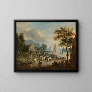 Theobald Michau - Scne de village anim au bord dun fleuve.webp