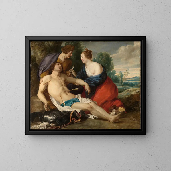 Sainte Irène tar bort pilarna från helgon Sebastian's sår - Theodoor Rombouts — inramlat konstverk på väggen