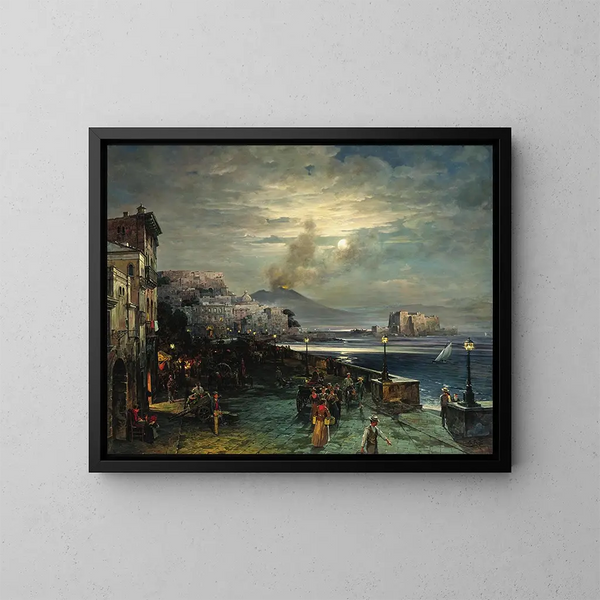 Naples, en nattlig kaj med utsikt över Vesuvius - Theodor Groll — inramlat konstverk på väggen
